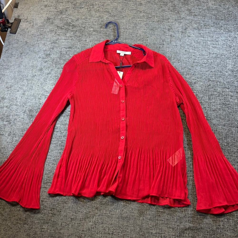 Chico's Blouse Women Size 0 Red Pleated Bell Sleeve Button Down 1467